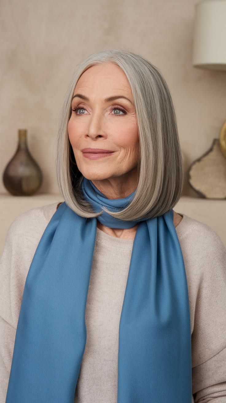 Sleek Straight Lob (Long Bob) Haircut on a smiling older woman with gray hair. 