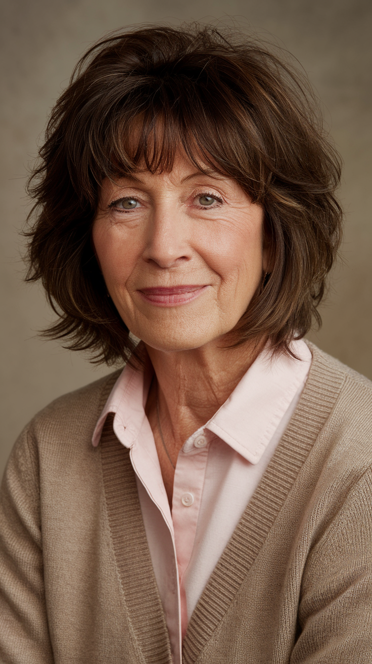 Piecey Layered Bob with Bangs Haircut on a smiling older woman with brown hair. 