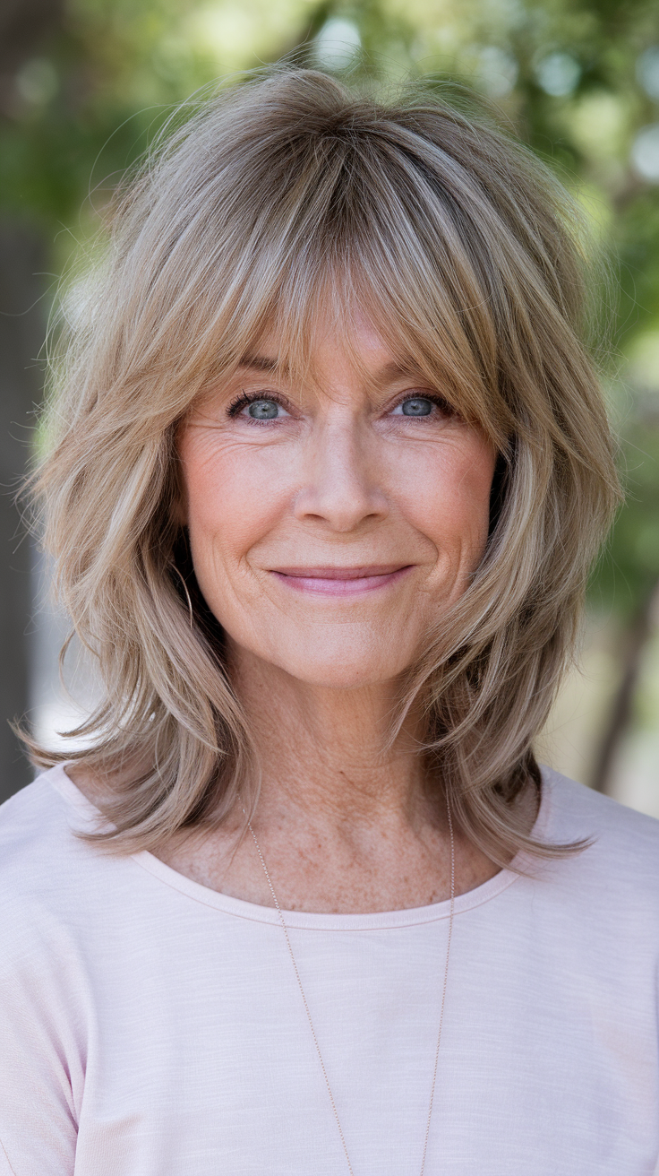 Shoulder-Length Feathered Layers with Bangs Haircut on a smiling older woman with grayish blonde hair. 