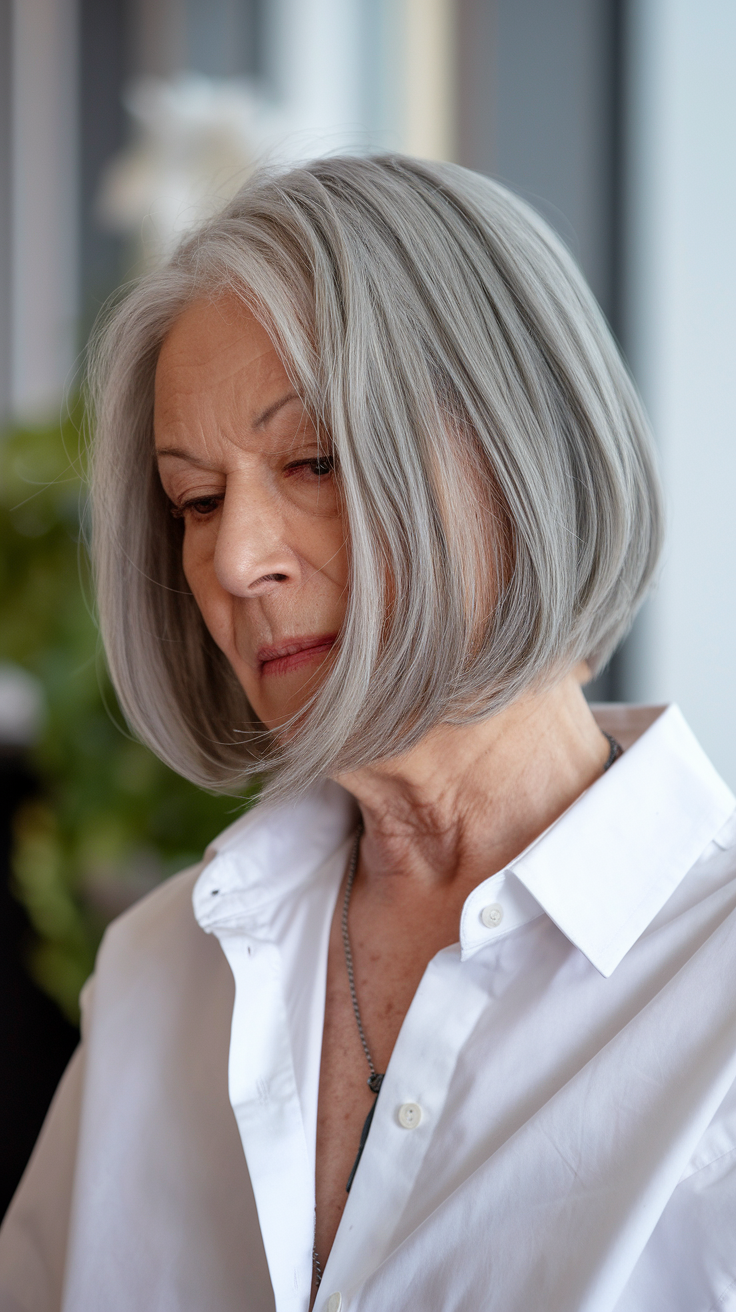 Angled Bob Haircut on a smiling older woman with dark brown hair, side view. 