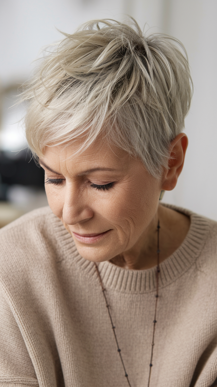 Wispy Cropped Pixie Haircut on a smiling older woman with silver hair. 