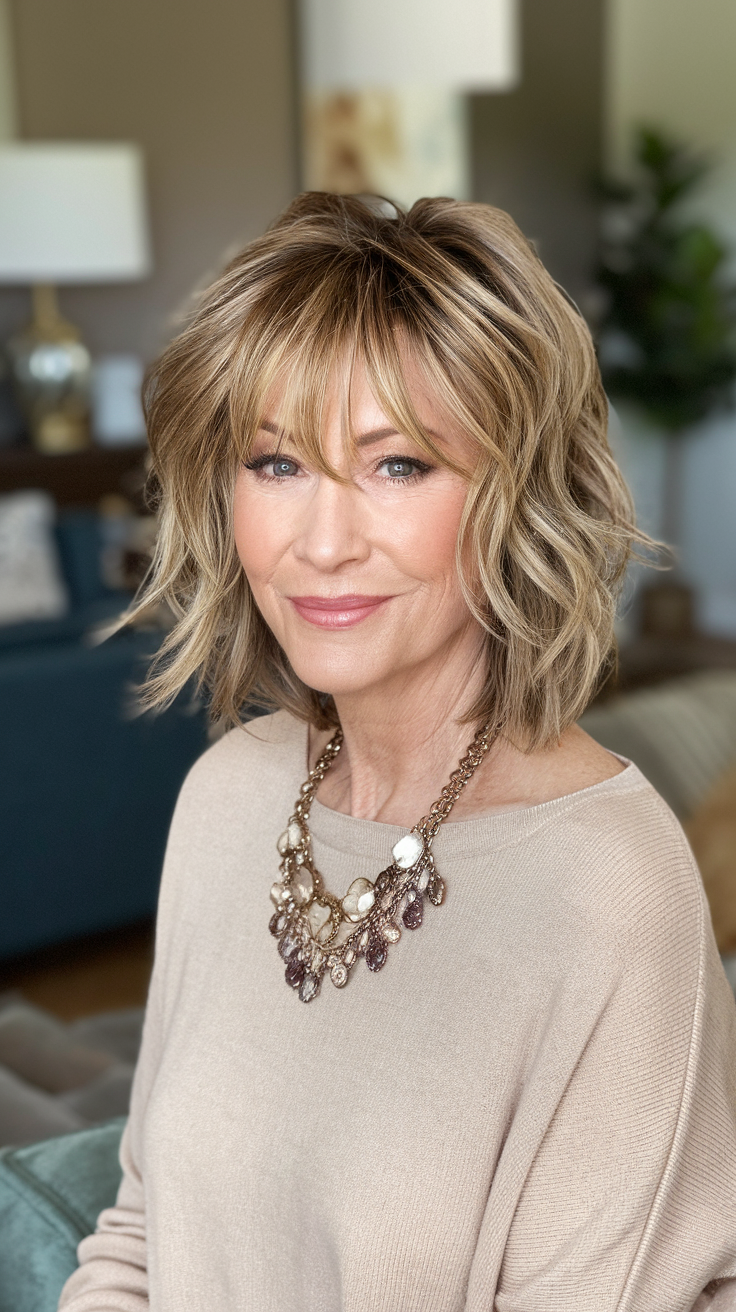 Shoulder-Length Cut with Highlights and Loose Waves Haircut on a smiling older woman with highlighted brown hair. 