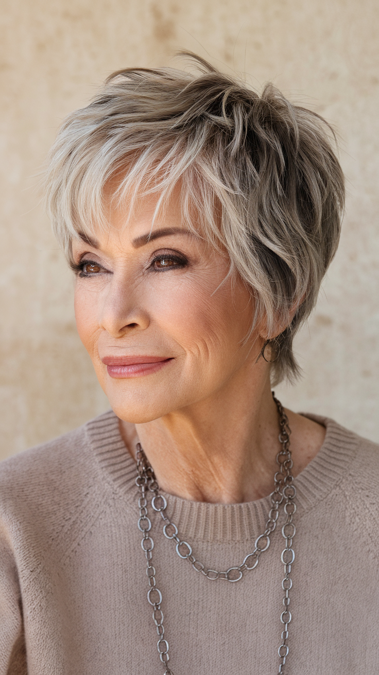 Textured Pixie-Bob Haircut on a smiling older woman with brown hair, side view. 