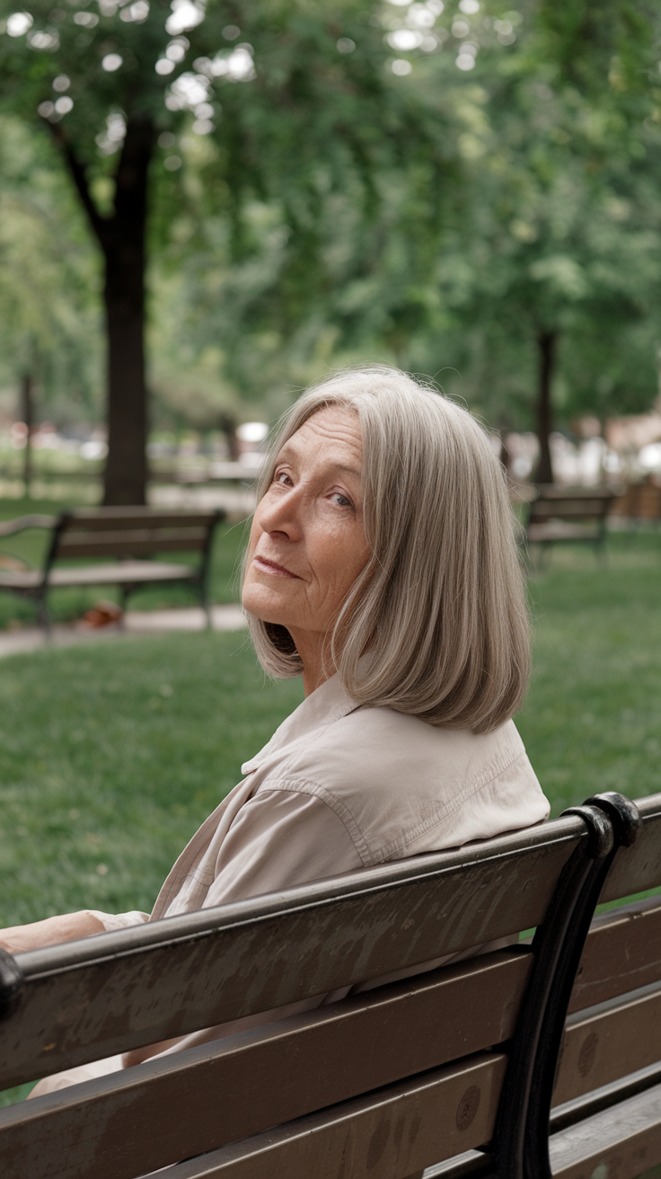 Long Bob Haircut on a smiling older woman with grayish blonde hair. 