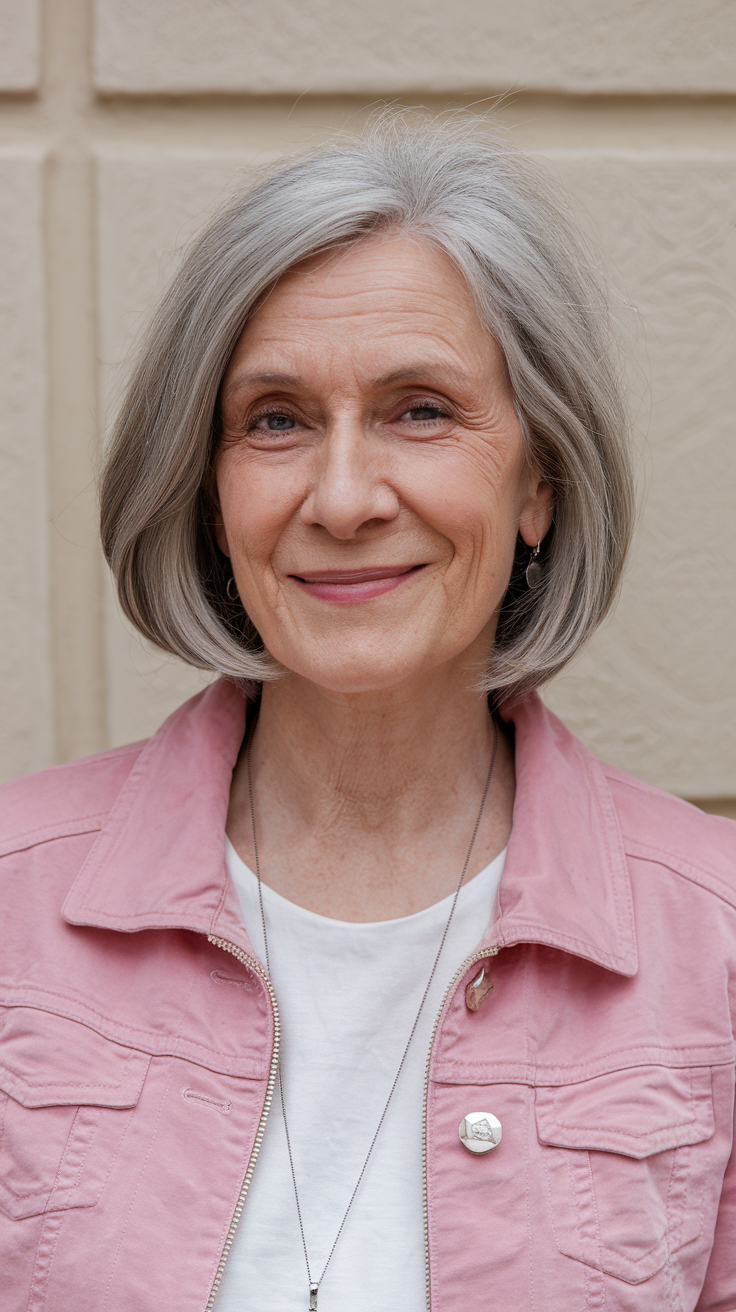 Jaw-Length Bob Haircut on a smiling older woman with gray hair, side view. 