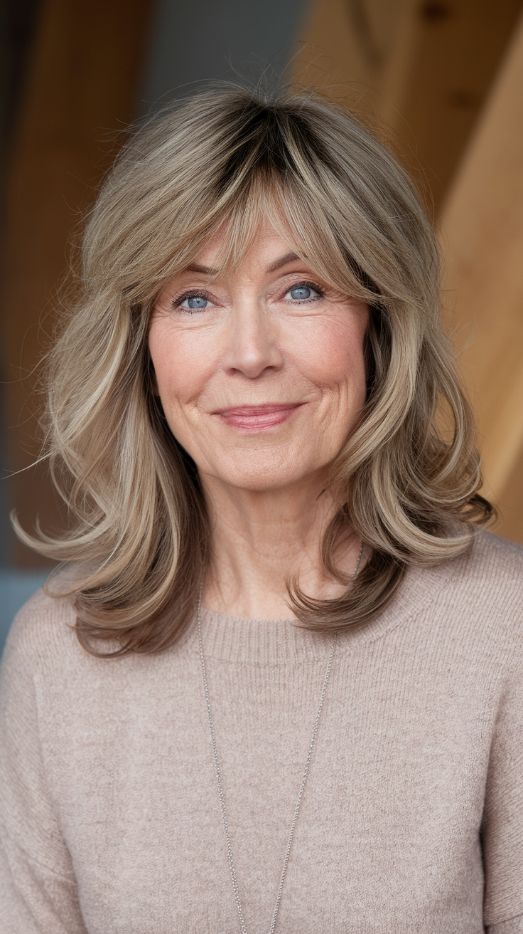 Medium-Length Layered Waves with Bangs Haircut on a smiling older woman with brown hair. 