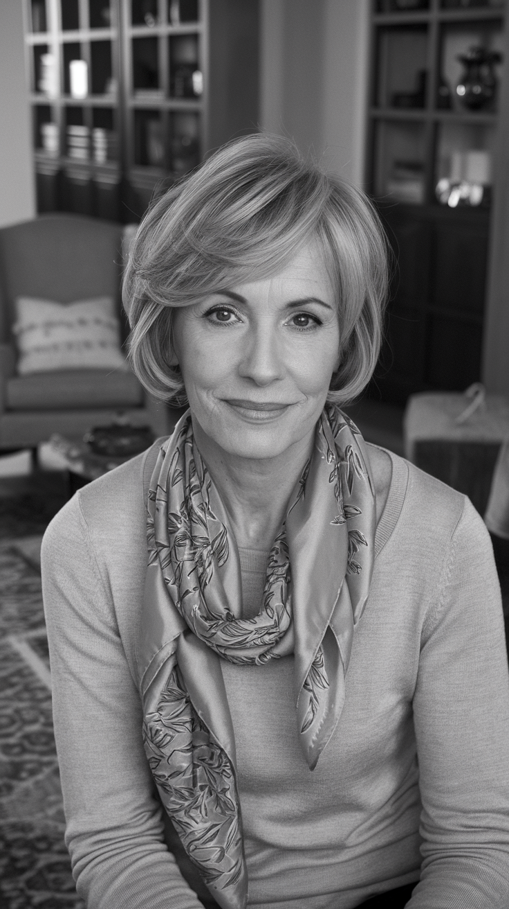 French Bob Haircut on a smiling older woman with brown hair. 