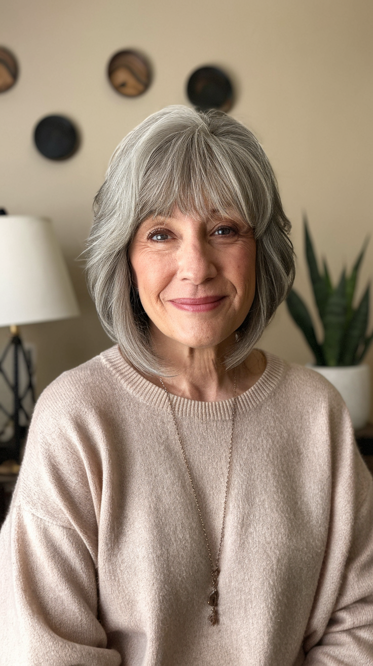 Face-Framing Shoulder-Length Lob with Bangs Haircut on a smiling older woman with blonde hair. 