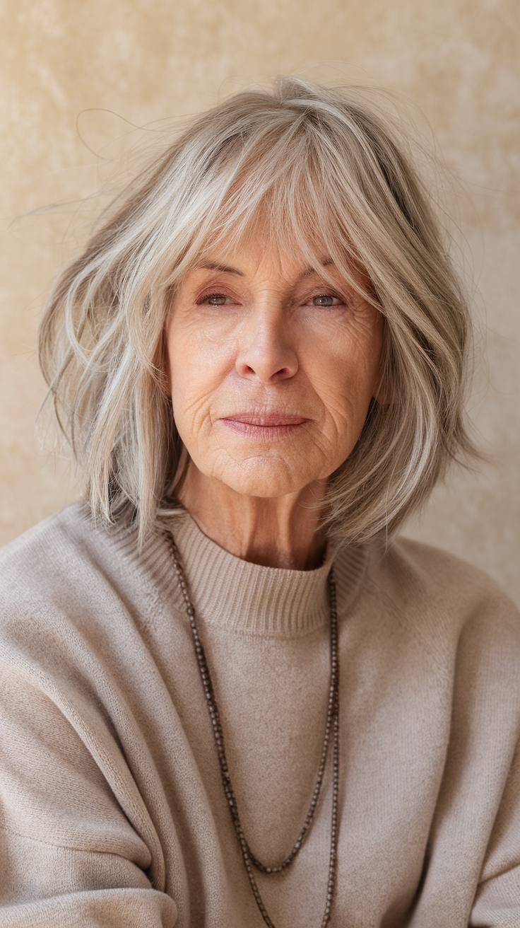 Wispy Layered Bob with Bangs on a smiling older woman with gray hair. 