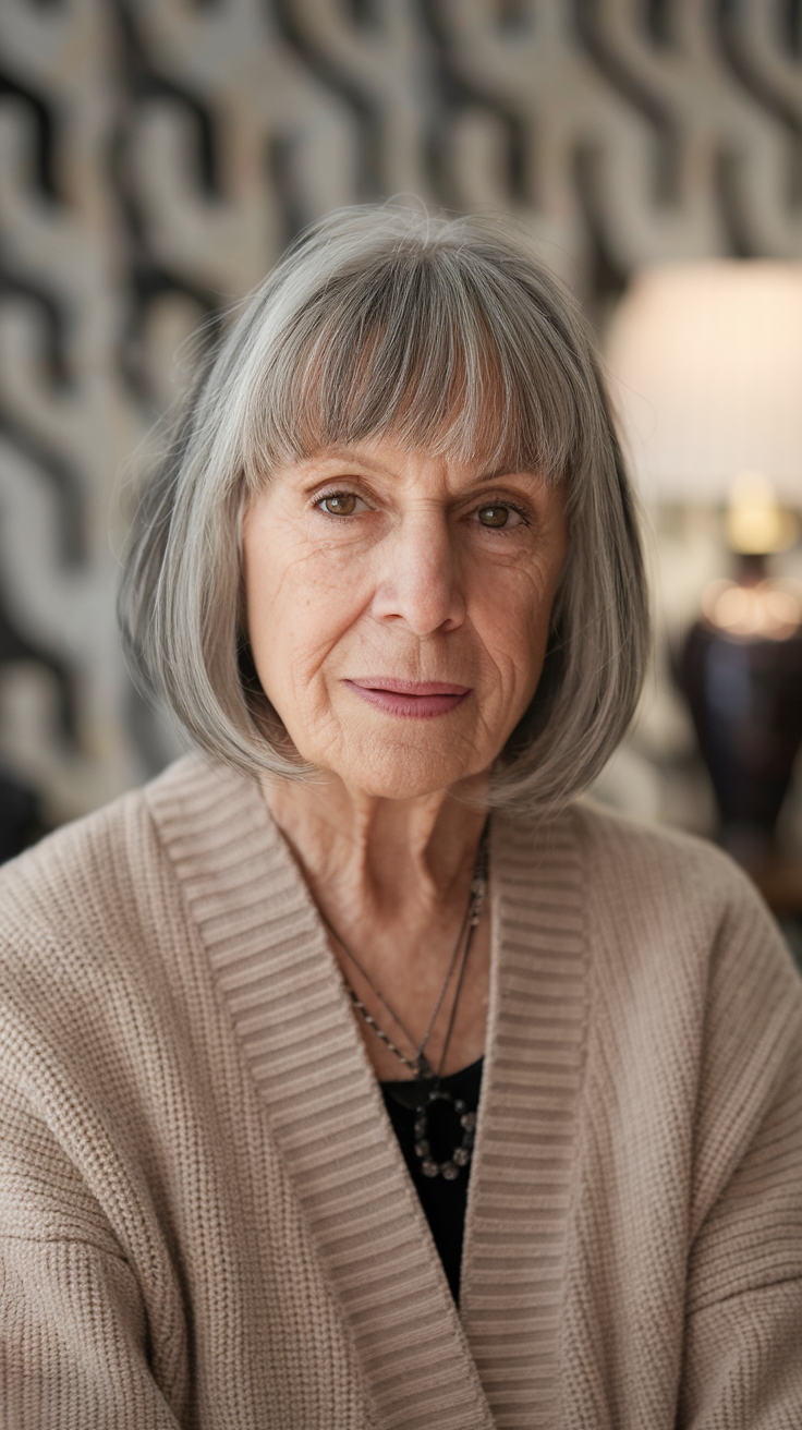 Bob with Blunt Bangs Haircut on a smiling older woman with light brown hair and dark roots. 