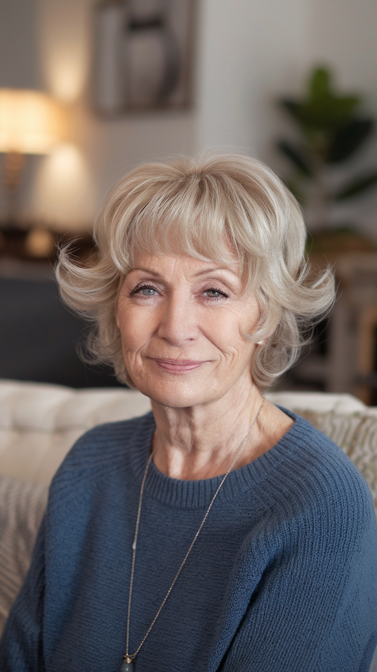 Mid-Length Cut with Flipped Ends Haircut on a smiling older woman with copper hair. 