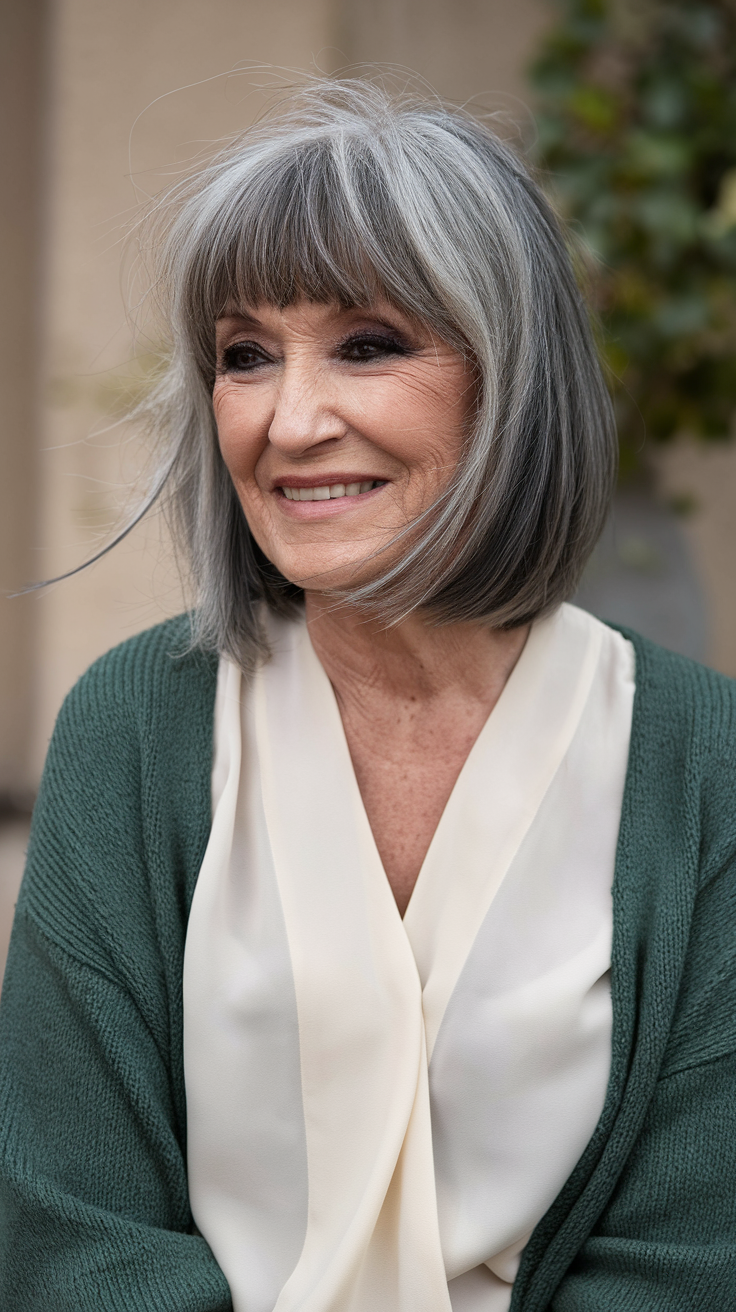 Chin-Length Bob with Wispy Bangs Haircut on a smiling older woman with gray hair. 