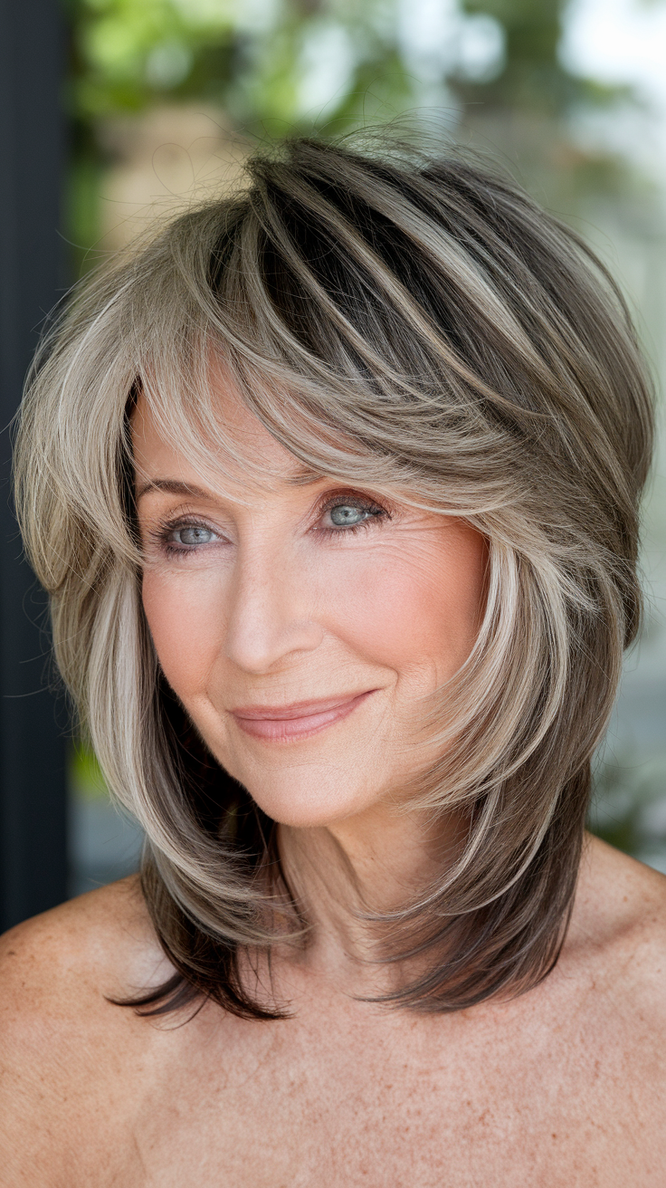 Layered Lob (Long Bob) with Dimensional Highlights Haircut on a smiling older woman with brown hair and blonde highlights. 