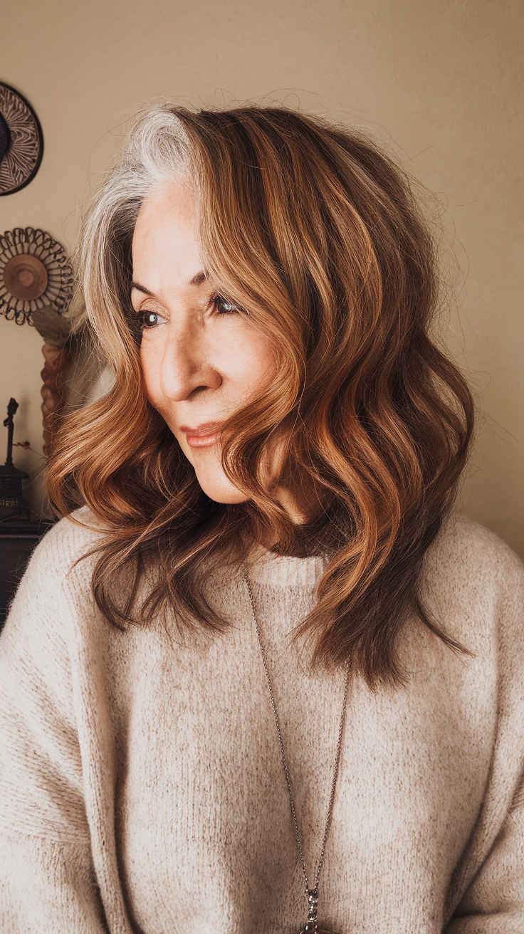 Face-Framing Copper Waves Haircut on a smiling older woman with copper red hair. 