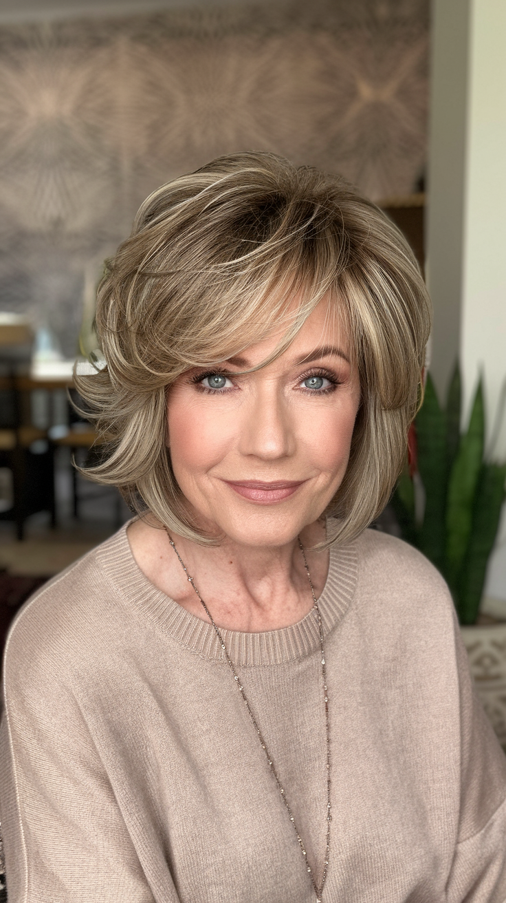 Soft Layered Bob with Balayage Highlights Haircut on a smiling older woman with highlighted brown hair. 