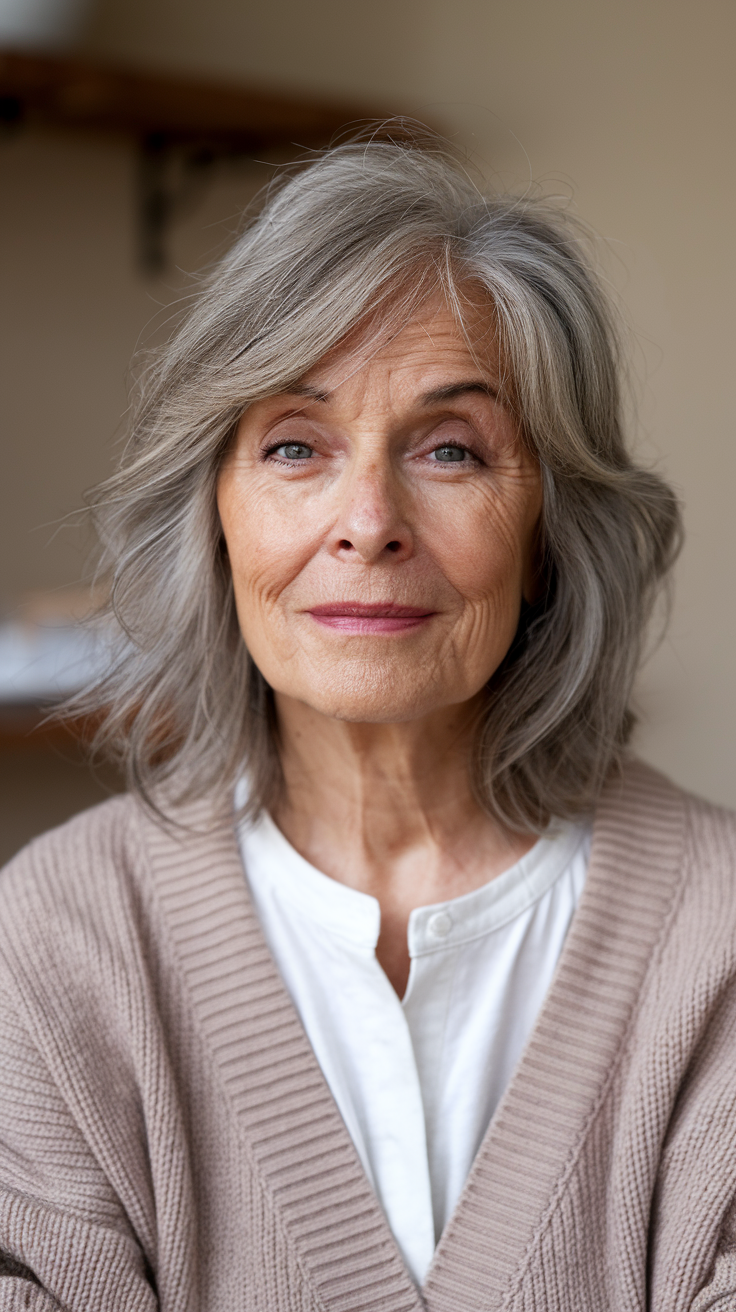 Wispy Long Bob with Side-Swept Bangs Haircut on a smiling older woman with blonde hair. 