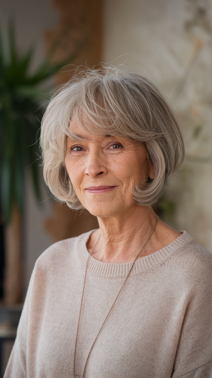 Rounded Bob with Soft Layers Haircut on a smiling older woman with brown hair. 