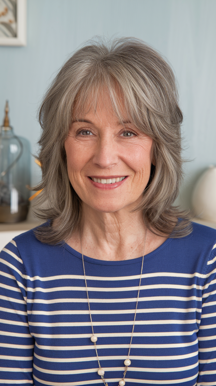 Medium-Length Feathered Layers Haircut on a smiling older woman with finely-textured blonde hair. 