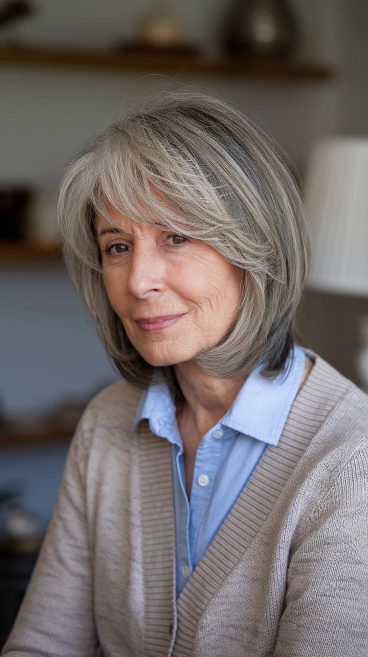 Layered Long Bob Haircut on a smiling older woman with copper red hair, side view. 