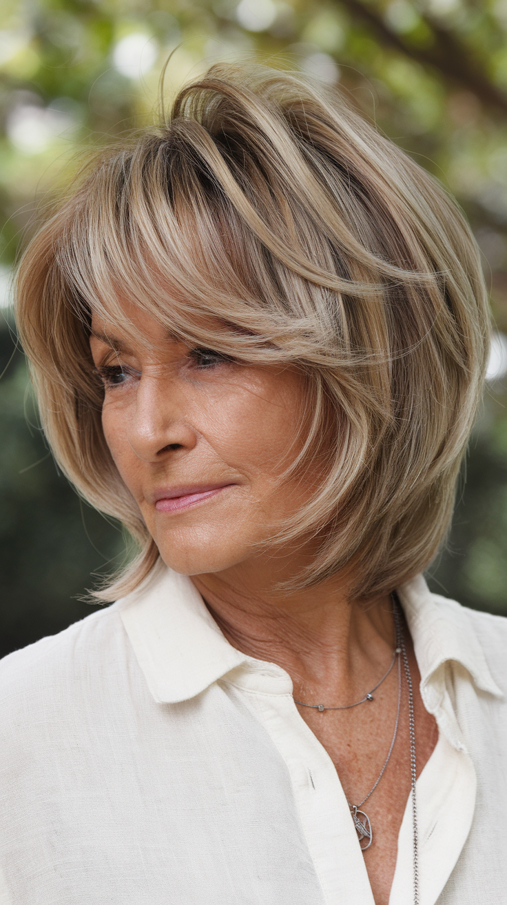 Stacked Layered Bob Haircut on a smiling older woman with brown hair, side view. 