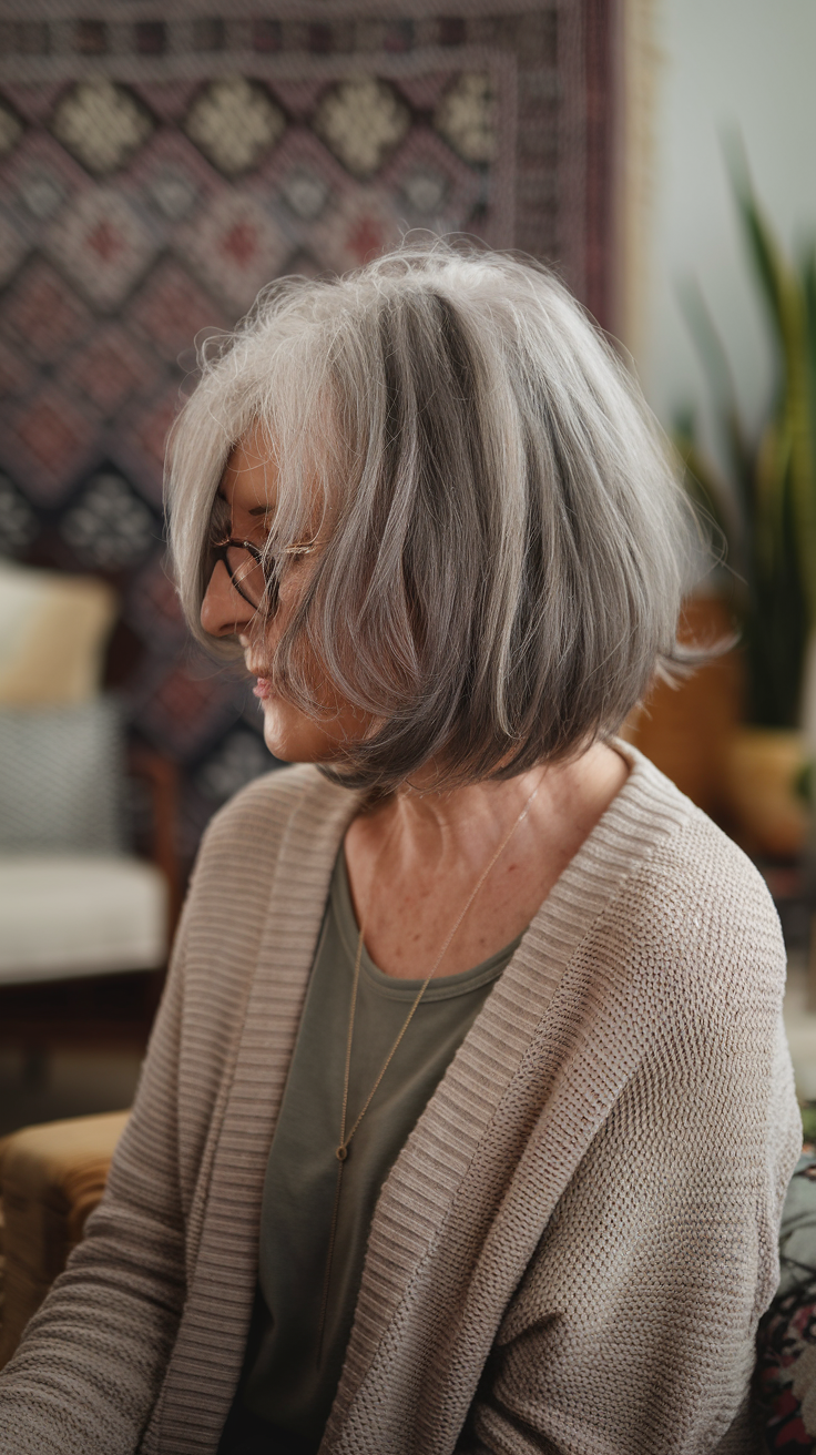 Shoulder-Length Shaggy Cut Haircut on a smiling older woman with gray hair. 